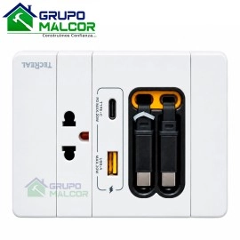 Tomacorriente con cable rectractil + C + USB + Cables retractil